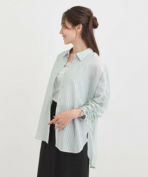 SHOO・LA・RUE / シューラルー シャツ・ブラウス | 【S-LL/ひんやり】程よい透け感 ストライプ柄 お袖ギャザーデザインシャツ | 詳細10