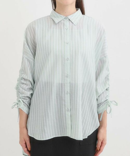 SHOO・LA・RUE / シューラルー シャツ・ブラウス | 【S-LL/ひんやり】程よい透け感 ストライプ柄 お袖ギャザーデザインシャツ | 詳細20