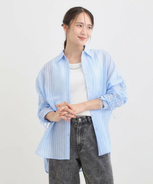 SHOO・LA・RUE / シューラルー シャツ・ブラウス | 【S-LL/ひんやり】程よい透け感 ストライプ柄 お袖ギャザーデザインシャツ | 詳細5