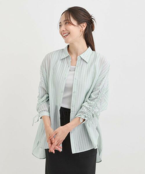 SHOO・LA・RUE / シューラルー シャツ・ブラウス | 【S-LL/ひんやり】程よい透け感 ストライプ柄 お袖ギャザーデザインシャツ | 詳細9