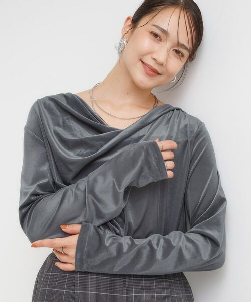 SHOO・LA・RUE / シューラルー カットソー | 【S-LL】ベロア調ドレープデザインカットソー(チャコールグレー(014))