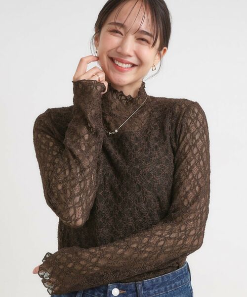 SHOO・LA・RUE / シューラルー カットソー | 【S-LL】上品なレースハイネックトップス(ブラウン(044))