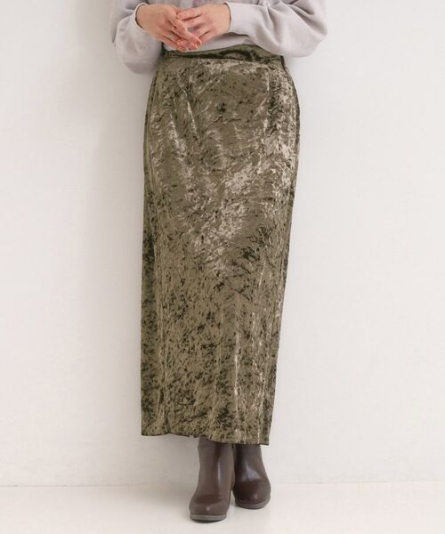 SHOO・LA・RUE / シューラルー ロング・マキシ丈スカート | 【S-LL】光沢感が華やかに ベロア調ナロースカート(ブラウン(044))