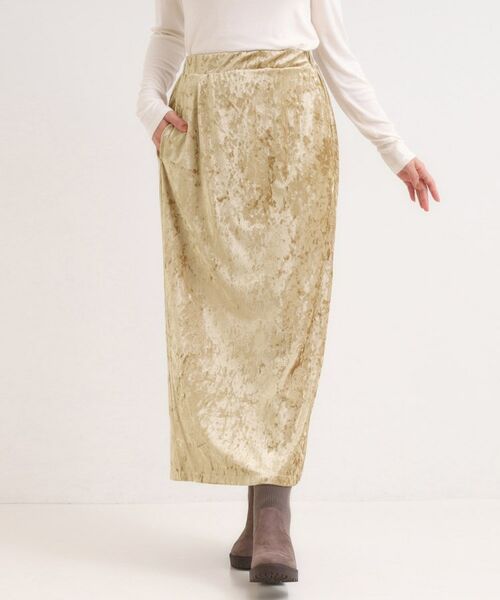SHOO・LA・RUE / シューラルー ロング・マキシ丈スカート | 【S-LL】光沢感が華やかに ベロア調ナロースカート(ライトベージュ(051))
