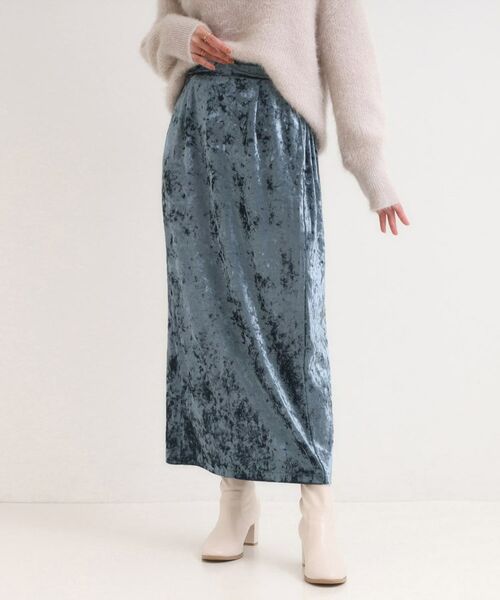 SHOO・LA・RUE / シューラルー ロング・マキシ丈スカート | 【S-LL】光沢感が華やかに ベロア調ナロースカート(ブルー(093))