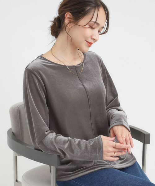 SHOO・LA・RUE / シューラルー カットソー | 【洗える/S-LL】上品見え ベロア調シアートップス(チャコールグレー(014))