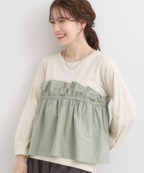 SHOO・LA・RUE / シューラルー カットソー | 【洗濯機可/S-LL】1枚で華やか フリルドッキングトップス(オフホワイト(003))