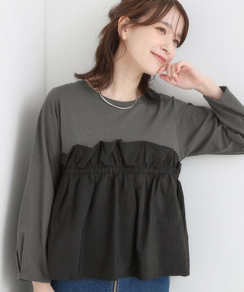 SHOO・LA・RUE / シューラルー カットソー | 【洗濯機可/S-LL】1枚で華やか フリルドッキングトップス(チャコールグレー(014))