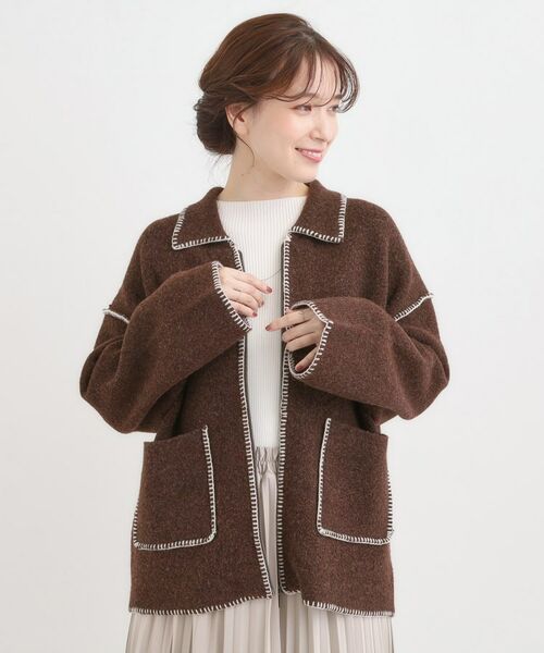 SHOO・LA・RUE / シューラルー カーディガン・ボレロ | 配色ステッチがポイント 襟付きジップニットカーディガン | 詳細5