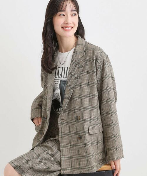 SHOO・LA・RUE/シューラルー 【セットアップ可】チェック柄 ダブルブレストテーラードゆるジャケット ベージュ(252) 04(LL) SHOO・LA・RUE/シューラルー 【セットアップ可】チェック柄 ダブルブレストテーラードゆるジャケット ベージュ(252) 04(LL)