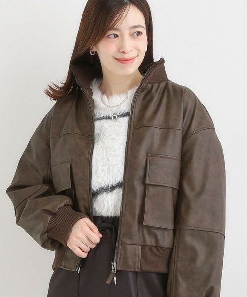 SHOO・LA・RUE / シューラルー レザーブルゾン・ジャケット | レザー調リブブルゾン(ブラウン(043))