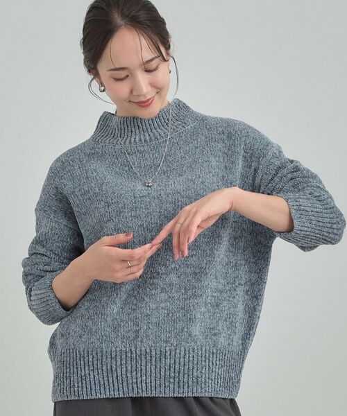 SHOO・LA・RUE / シューラルー ニット・セーター | 【S-LL】ほんのりラメで女性らしい ベロアモールモックネックニット(ブルー(091))