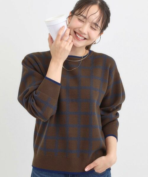 SHOO・LA・RUE / シューラルー ニット・セーター | 【洗濯機可/S-LL】クラシックなチェック柄が目を惹く 柔らかニット(ブラウン(243))