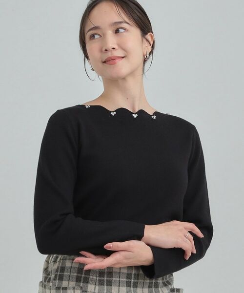 SHOO・LA・RUE / シューラルー ニット・セーター | スカラップネックが上品 ビジューニット(ブラック(019))