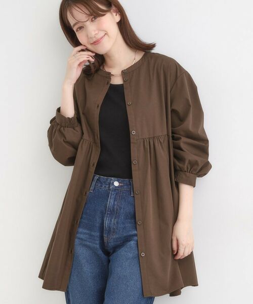 SHOO・LA・RUE/シューラルー 【S-LL】自然に体型カバー 切り替えギャザーチュニックシャツ ブラウン(043) 01(S)
