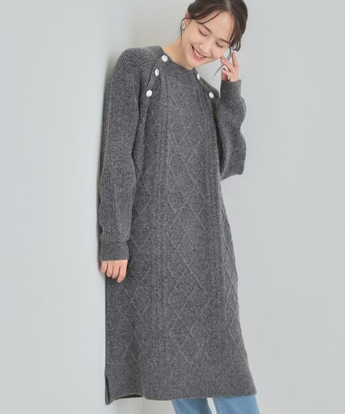 SHOO・LA・RUE / シューラルー ミニ丈・ひざ丈ワンピース | 【着丈選べる】ケーブル柄 ミックスニットワンピース(チャコールグレー(014))