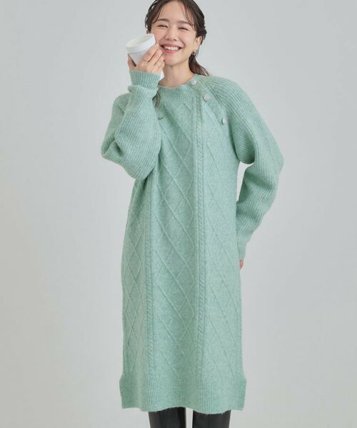 SHOO・LA・RUE / シューラルー ミニ丈・ひざ丈ワンピース | 【着丈選べる】ケーブル柄 ミックスニットワンピース(ミントグリーン(021))