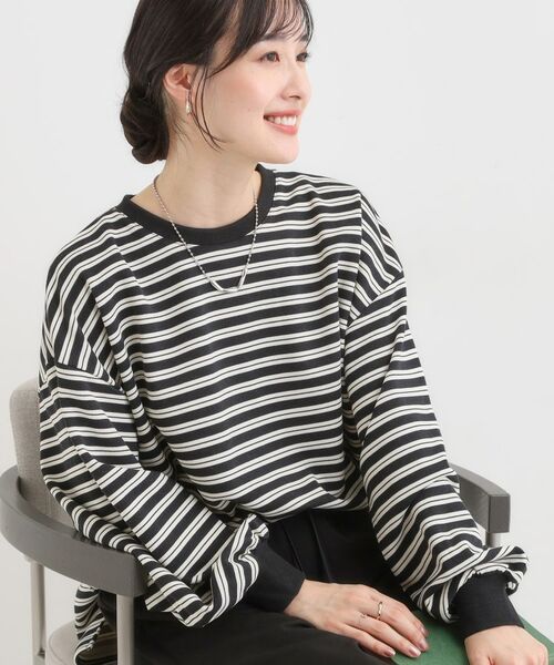 SHOO・LA・RUE / シューラルー カットソー | 【S-LL/洗濯機可】マルチボーダー ミニ裏毛トップス(ブラック(319))