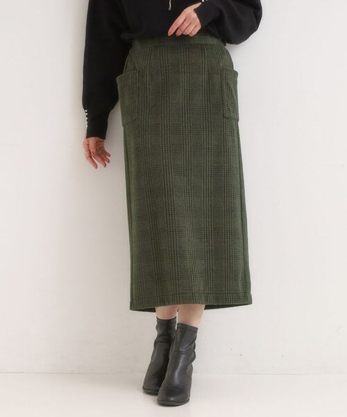 SHOO・LA・RUE / シューラルー ロング・マキシ丈スカート | 【S-LL/あったか】大人レディな着こなしに シャギーチェックスカート(オリーブグリーン(226))