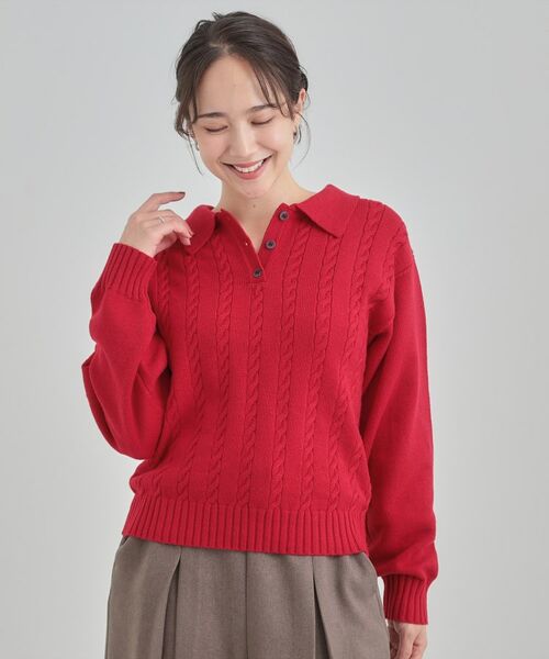 SHOO・LA・RUE / シューラルー ニット・セーター | 【S-LL】配色ボタンがポイント 襟付きケーブルニット | 詳細9