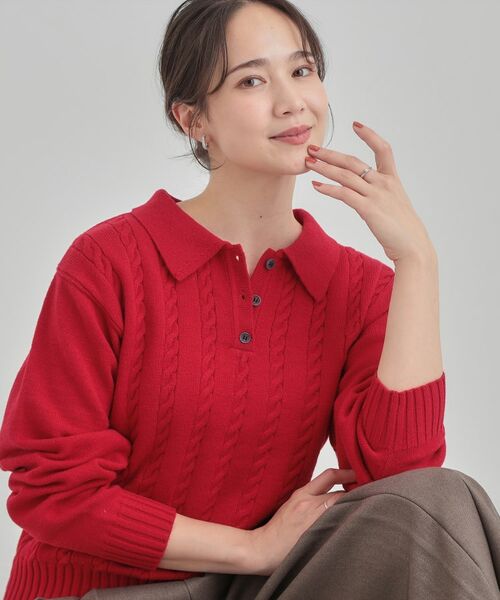 SHOO・LA・RUE / シューラルー ニット・セーター | 【S-LL】配色ボタンがポイント 襟付きケーブルニット(レッド(063))
