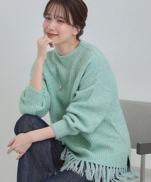 SHOO・LA・RUE / シューラルー ニット・セーター | 裾フリンジで1枚でサマ見えニット(ライトグリーン(020))