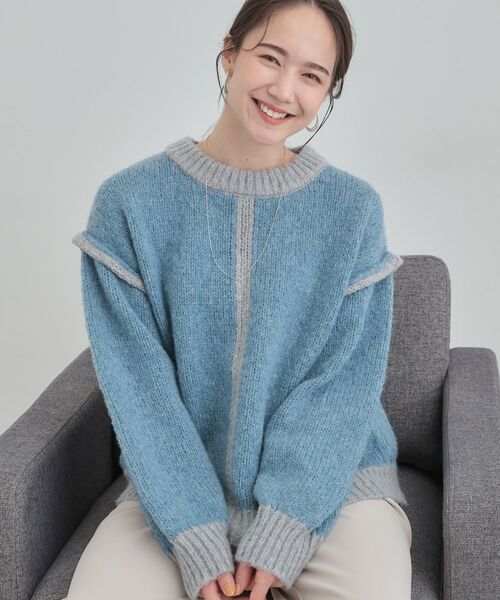 SHOO・LA・RUE / シューラルー ニット・セーター | 【S-LL】配色デザインがポイント ざっくり編みゆるニット(ブルー(591))