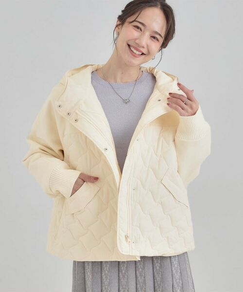 SHOO・LA・RUE / シューラルー レザーブルゾン・ジャケット | 【S-LL】異素材使いが目を惹く キルトフードブルゾン(アイボリー(004))