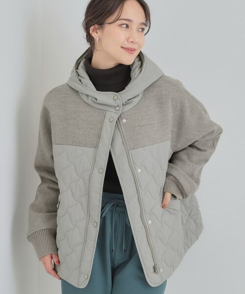 SHOO・LA・RUE / シューラルー レザーブルゾン・ジャケット | 【S-LL】異素材使いが目を惹く キルトフードブルゾン(グレー(012))