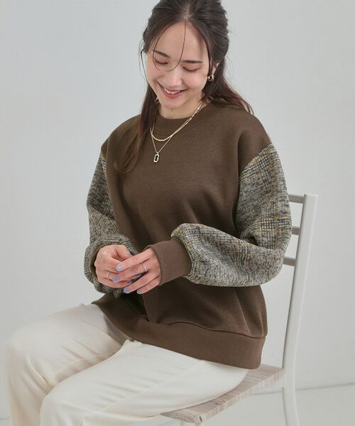 SHOO・LA・RUE / シューラルー スウェット | 【あったか】裏起毛袖チェックトップス(ブラウン(043))