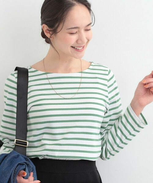 SHOO・LA・RUE / シューラルー Tシャツ | ボートネック ボーダーロンT（グリーン(322)）