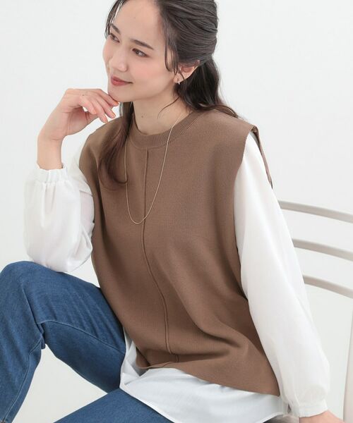 SHOO・LA・RUE / シューラルー ニット・セーター | 【2点セット】軽くてきれい見え ニットベスト＋ブラウスセット（ブラウン(043)）