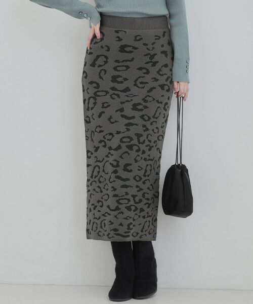 SHOO・LA・RUE / シューラルー ロング・マキシ丈スカート | ヒョウ柄ニットナロースカート(チャコールグレー(014))