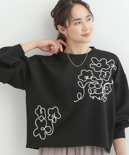 SHOO・LA・RUE / シューラルー カットソー | お花ロープ刺繍ダンボールトップス（ブラック(019)）