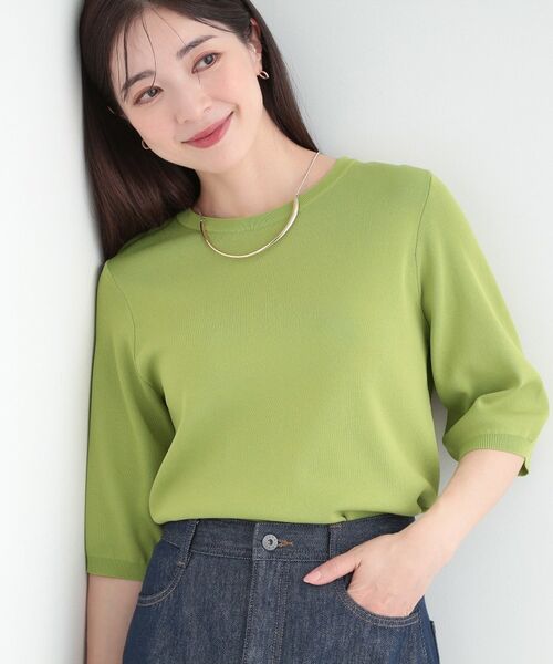 SHOO・LA・RUE / シューラルー ニット・セーター | 【毎日洗える】上半身がすっきり見える5分袖ニット（グリーン(025)）