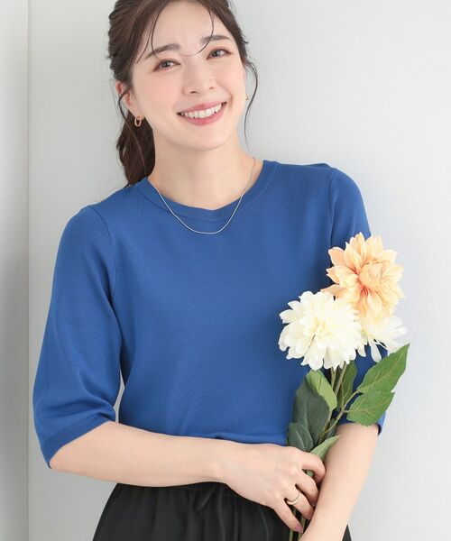 SHOO・LA・RUE / シューラルー ニット・セーター | 【毎日洗える】上半身がすっきり見える5分袖ニット（ブルー(093)）