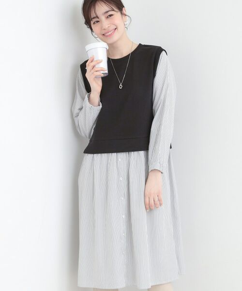 SHOO・LA・RUE / シューラルー ミニ丈・ひざ丈ワンピース | 【S-LL/体型カバー】ストライプ柄ドッキングワンピース（ブラック(519)）