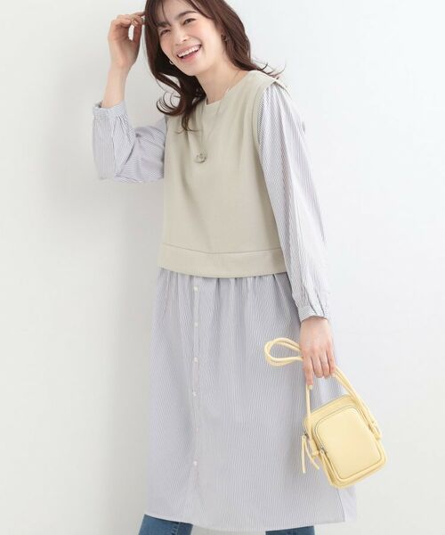 SHOO・LA・RUE / シューラルー ミニ丈・ひざ丈ワンピース | 【S-LL/体型カバー】ストライプ柄ドッキングワンピース（グレージュ(550)）