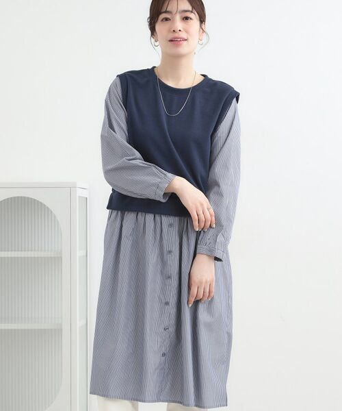 SHOO・LA・RUE / シューラルー ミニ丈・ひざ丈ワンピース | 【S-LL/体型カバー】ストライプ柄ドッキングワンピース（ネイビー(594)）