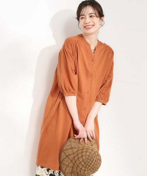 SHOO・LA・RUE / シューラルー ミニ丈・ひざ丈ワンピース | カットツイルキーネックシャツワンピ（オレンジ(067)）