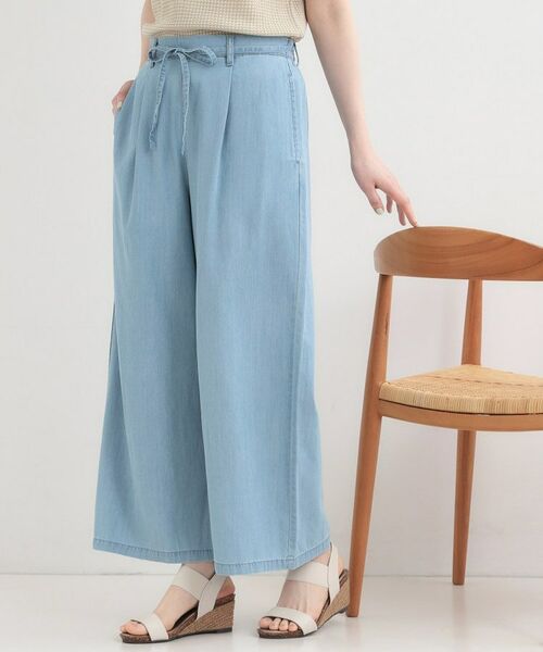 SHOO・LA・RUE / シューラルー パンツ | 【SHOO ICE、着丈が選べる】ウエストリボン付き セルロース混デニムワイドイージーパンツ（ブルー(091)）
