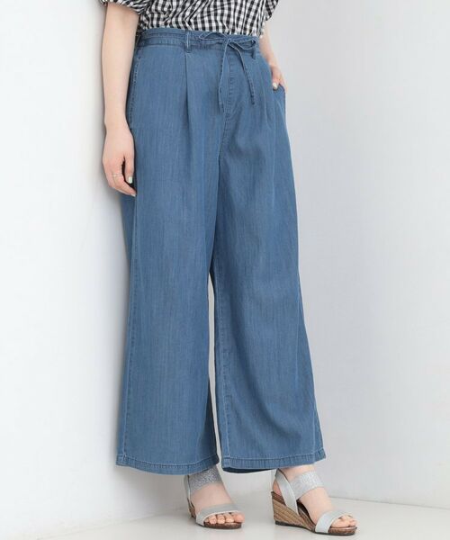 SHOO・LA・RUE / シューラルー パンツ | 【SHOO ICE、着丈が選べる】ウエストリボン付き セルロース混デニムワイドイージーパンツ（ブルー(093)）