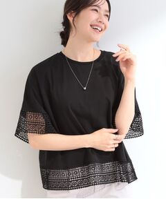 SHOO・LA・RUE / シューラルー カットソー | 【洗濯機可/ひんやり/体型カバー】レース使いがポイント 1枚でサマになるデザインTシャツ