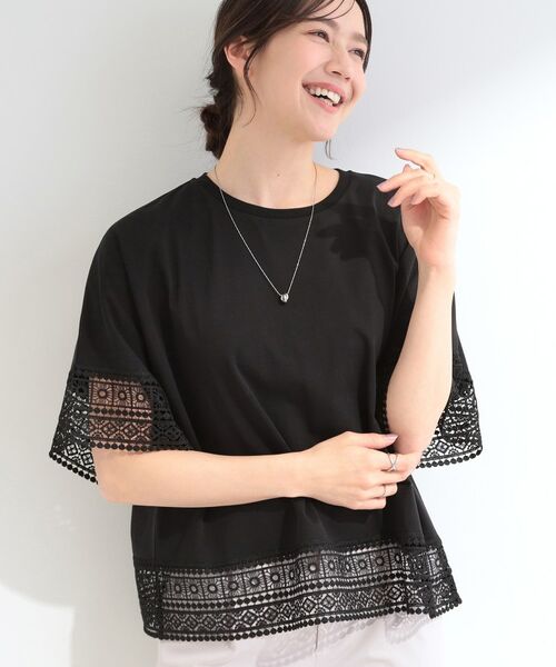 SHOO・LA・RUE / シューラルー カットソー | 【洗濯機可/ひんやり/体型カバー】レース使いがポイント 1枚でサマになるデザインTシャツ（ブラック(019)）