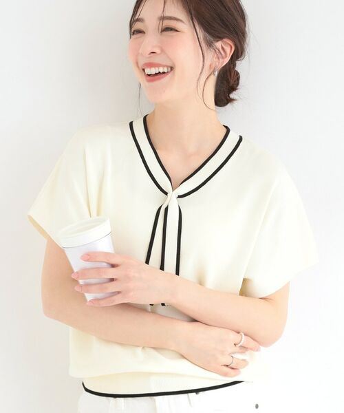 SHOO・LA・RUE / シューラルー ニット・セーター | 【お家で洗える】 さらっとボウタイ半袖ニット（アイボリー(004)）