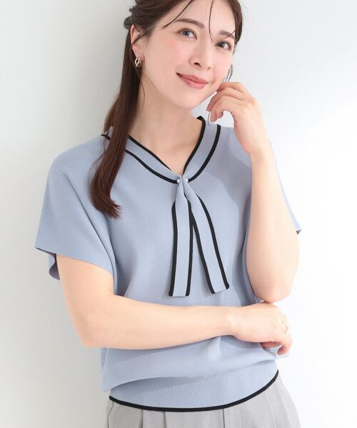 SHOO・LA・RUE / シューラルー ニット・セーター | 【お家で洗える】 さらっとボウタイ半袖ニット（サックスブルー(090)）