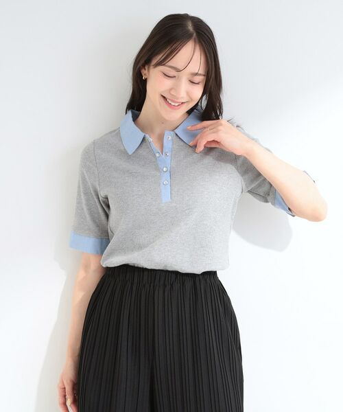 SHOO・LA・RUE / シューラルー カットソー | 【重ね着風】ダンガリー調異素材切り替え テレコポロトップス | 詳細1