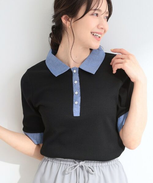 SHOO・LA・RUE / シューラルー カットソー | 【重ね着風】ダンガリー調異素材切り替え テレコポロトップス（ブラック(019)）