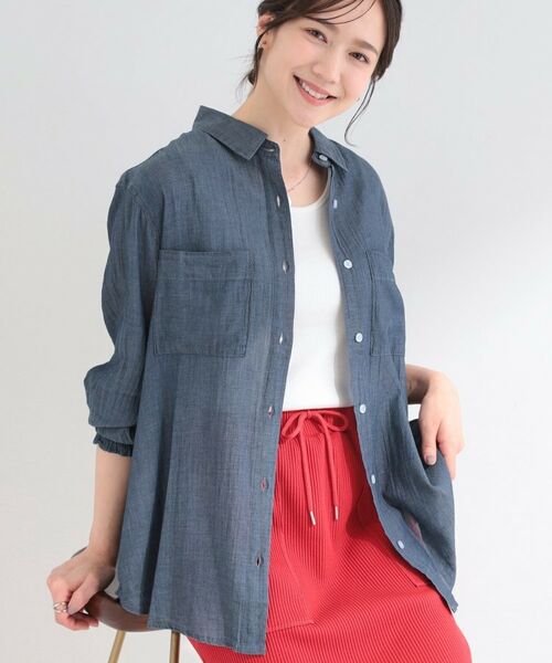 SHOO・LA・RUE / シューラルー シャツ・ブラウス | 【UV/体型カバー/S-LL】お袖ゴム 柔らかシアーデニムシャツ（ネイビー(094)）
