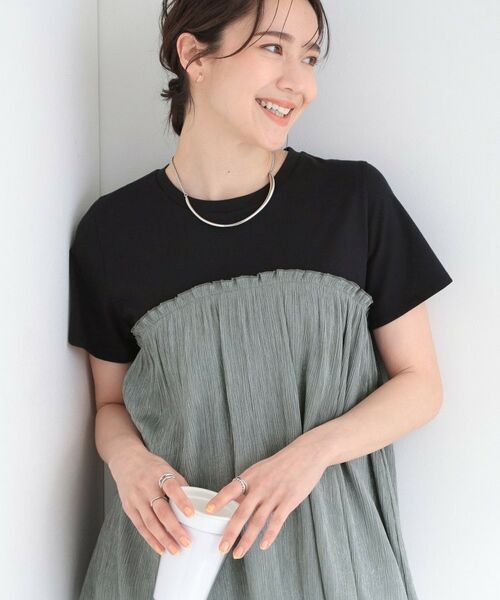 SHOO・LA・RUE / シューラルー カットソー | 【ひんやり/S-LL】きらきらビスチェドッキング風 デザインTシャツ（チャコールグレー(014)）